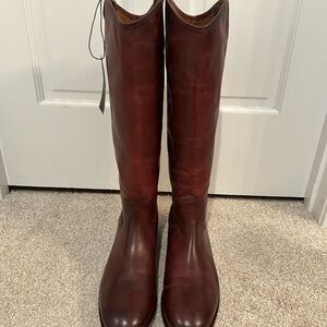 Frye Women’s Leather Knee-High Boot, Melissa Button 2, Wide Calf, color mahogany